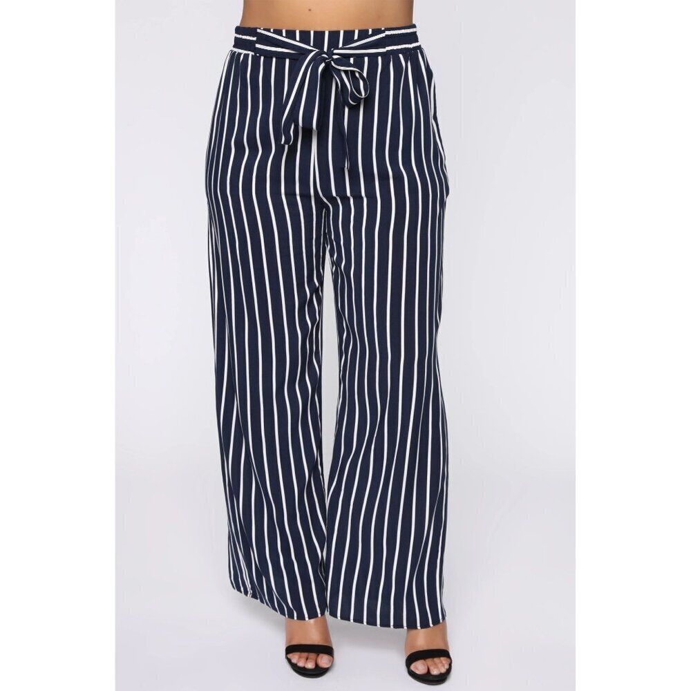 Cynthia Rowley Black White Striped Front Tie Pull on Wide Leg Pants Women Size L